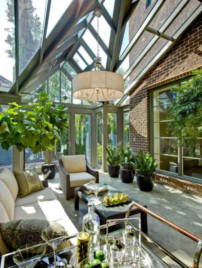 Wohn-wintergarten terrassenverglasung hängepflanzen hausbar