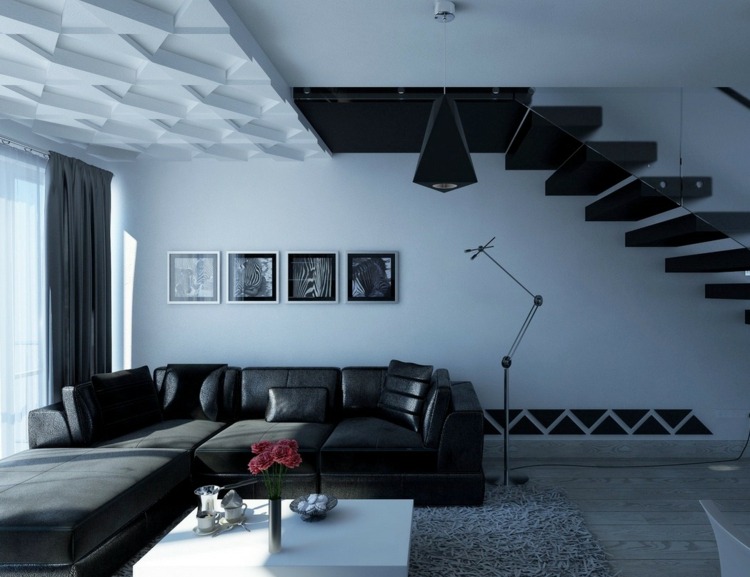 deckengestaltung moderne 3d effekt weiss treppe schwarz sofa glas gelaender