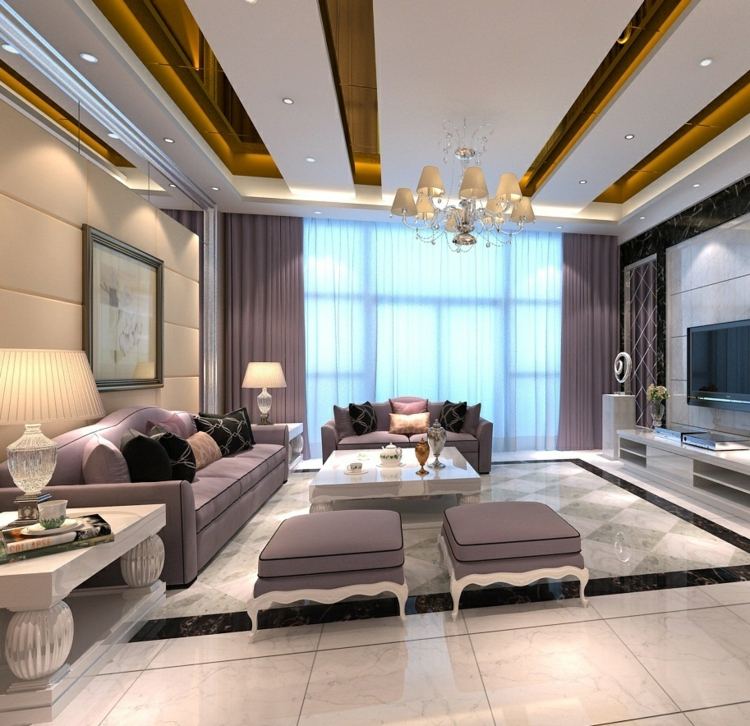deckengestaltung moderne gold streifen idee pastell flieder farbe wohnzimmer