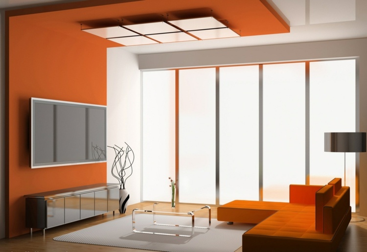 deckengestaltung moderne orange glanz paneele sideboard fernseher