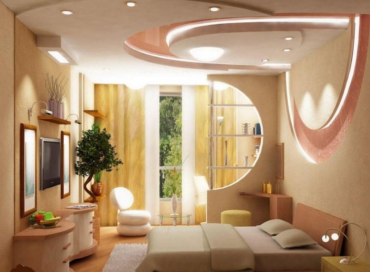 deckengestaltung moderne rosa zwischendecke schlafzimmer gelb kommode