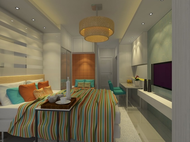 einrichtung-kleine-wohnung-schlafzimmer-arbeitsbereich-orange-blau