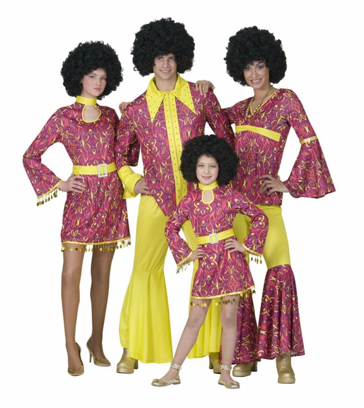 guenstige-faschingskostueme-hippie-familie-peruecken-rosa-gelb-kleidung