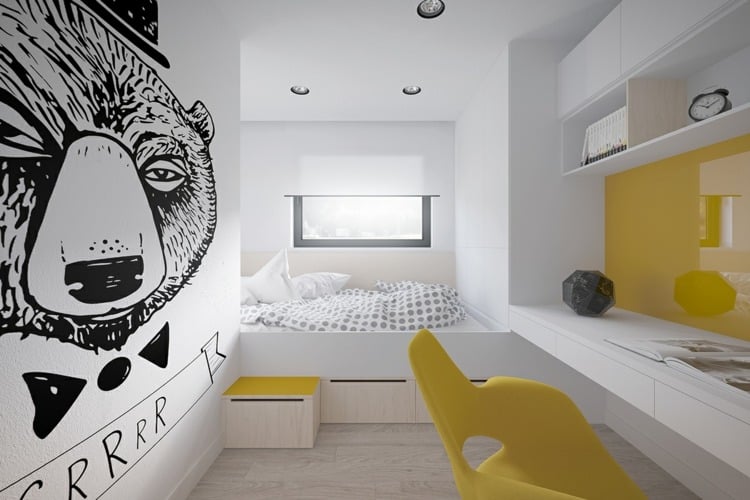 jugendzimmer einrichten minimalistisch-weiss-gelb-wandbild-hochglanz