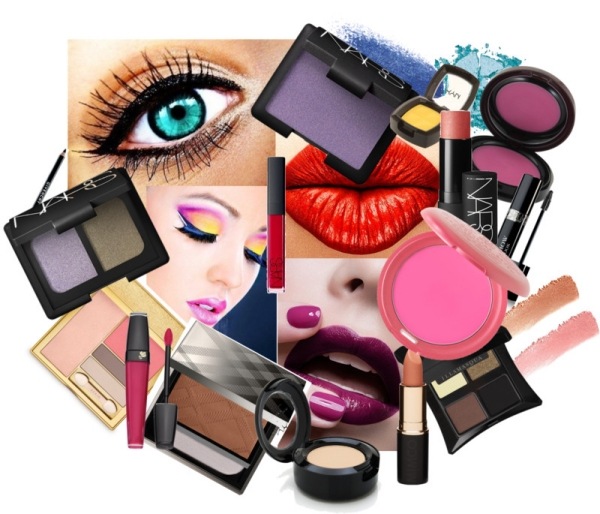 kosmetikprodukte collage lippenstifte lippenglanz wimpern tuschen puder rouge