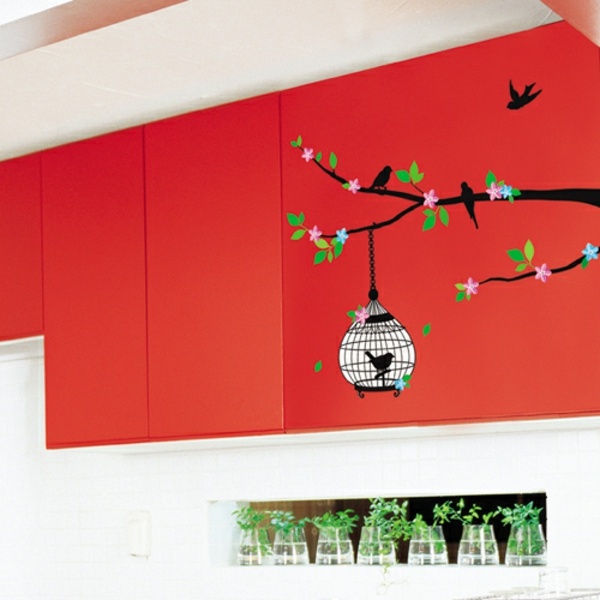 Küchenschränke rote Farbe Wandtattoo Vogel Käfig