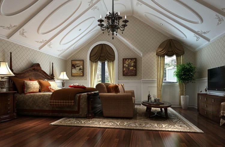 moderne deckengestaltung dachschraege schlafzimmer teppich parkett sofa