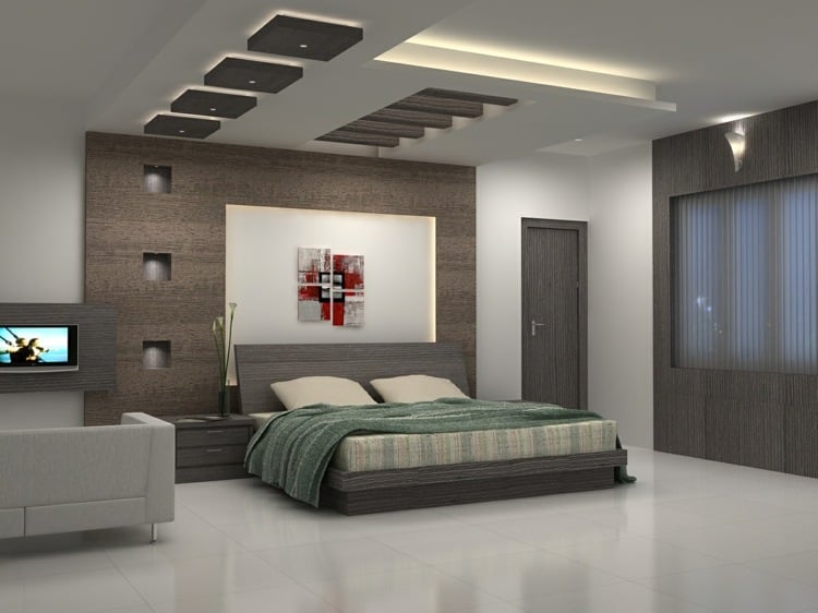 moderne deckengestaltung monochrom schlafzimmer balken kopfbrett