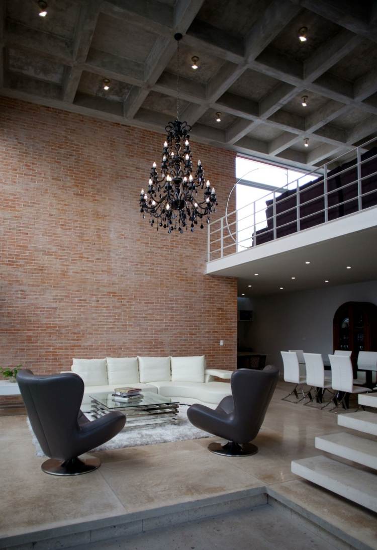 moderne deckengestaltung quadrate grau beton design loft backstein wand