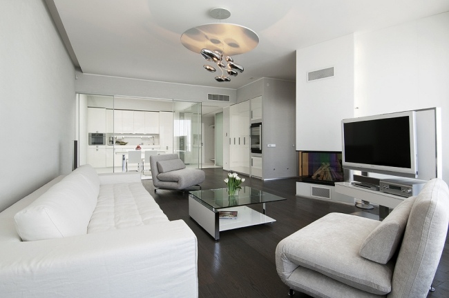 modernes wohnzimmer weiss grau couchtisch glas weiß modern