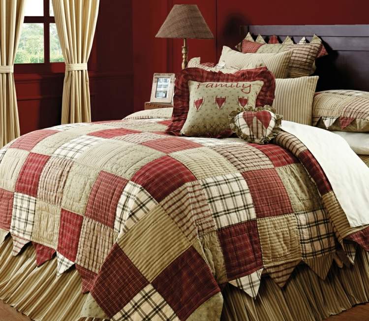 patchwork tagesdecke landhausstil schlafzimmer bett rot wand