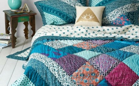 patchwork tagesdecke schlafzimmer deko idee blau nuancen