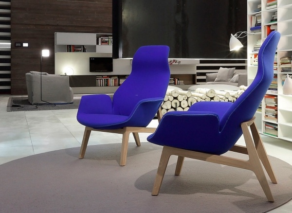 polsterstoff-blau Moderner-Sessel Modell mit Fußschemel Jean-Marie-Massaud