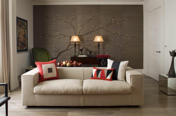 tapeten aus seide grau baum motiv wohnzimmer couch beige