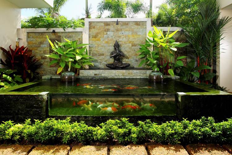 Teich im Garten glaswand-koi-fische-zen-ambiente-einfassungspflanzen