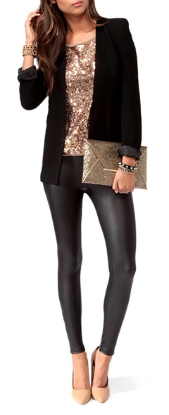  silverster-outfit 2013 lässig outfit leder leggings blazer glitzer bluse clutch