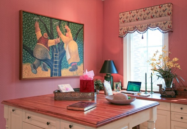 Wandverkleidung rosa Stoff Holz Kücheninsel Einrichtung Ideen