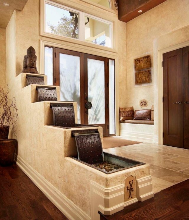 stil Asiatisch Zimmerbrunnen Stufenartig-Wasserfall Holz-Marmor Foyer-Gestaltung