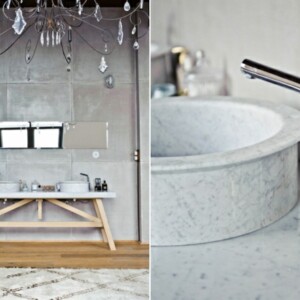 Badezimmer einrichten Ideen Designs Waschbecken Marmor rund Waschtisch Holz Badarmaturen Edelstahl