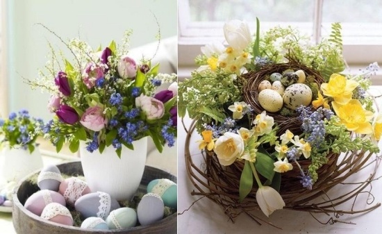 Blumen Arrangieren-Strauß Frühlingsfarben trends frische Tischdeko-Eier