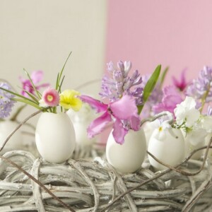 Frühlingsdeko Ideen selbermachen Nest Eierschalen Blumen arrangieren