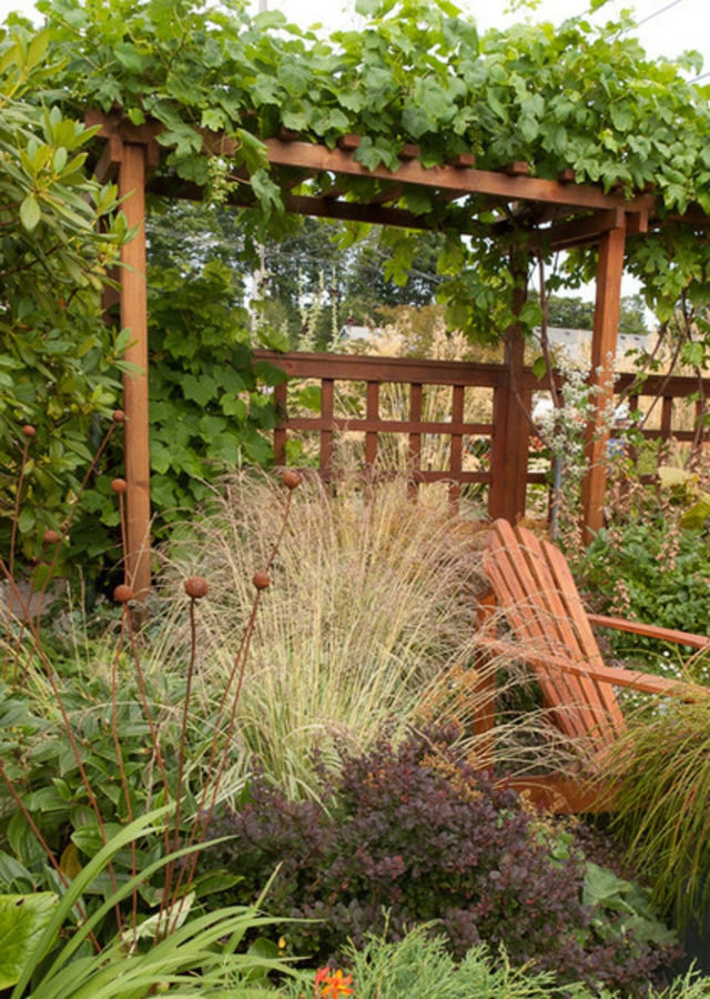 Garten Gestaltung Pergola Sichtschutz Kletterpflanzen Stuhl Leseecke
