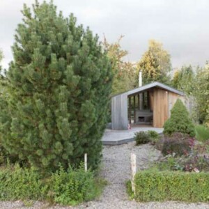 Gartenhaus Beton Boden Kieselsteine Garten Buchsbaum