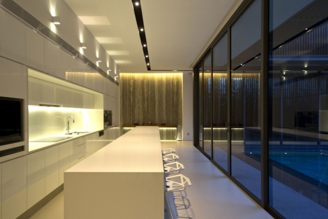 Hoch Glanz Lack-Küche einbau leuchten Kochinsel-weiß Glaswand