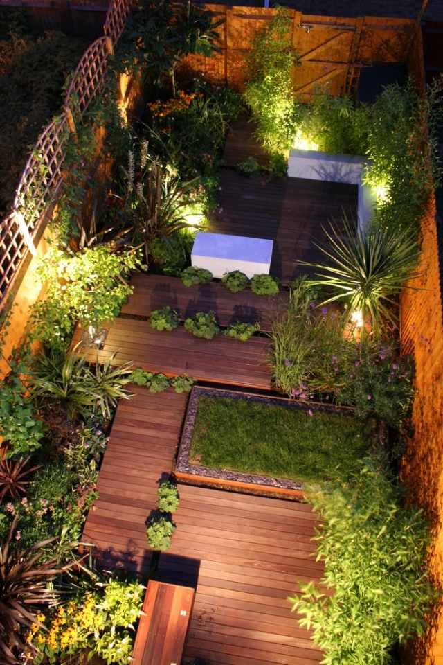 Holz-deck terrasse Begrünung Beleuchtung-städtisches Gartendesign
