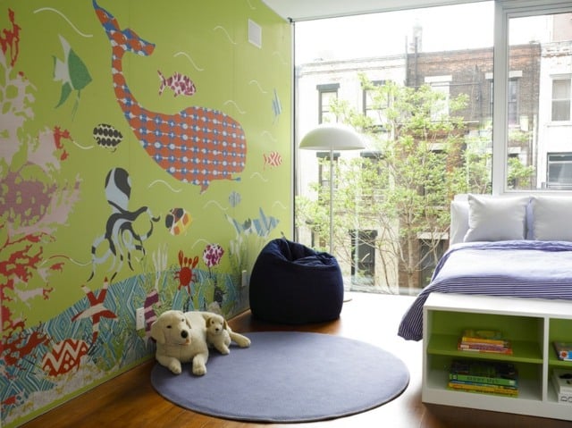 Kinderzimmer Wandgestaltung Ideen Tiere Wandschablone Farbe grün