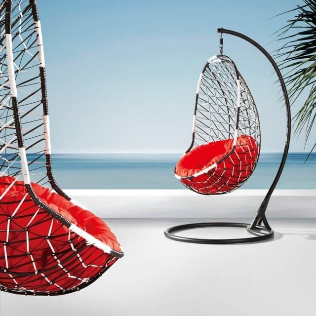 Komfortable Eiförmiger Sessel Gartenmöbel Rattan-rot Polster Auflage