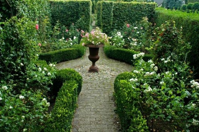 englischer Garten gestalten Buchsbaum einrahmt Blumenbeet
