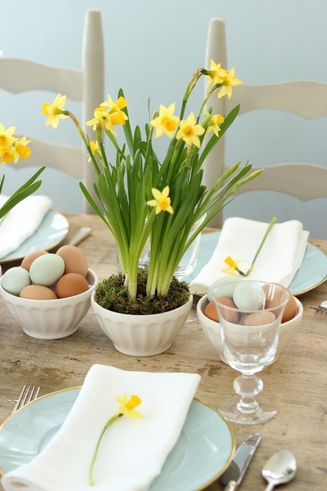 Ostertafel-dekorieren strauß gelbe Narzissen-Blumentopf Tischdeko 