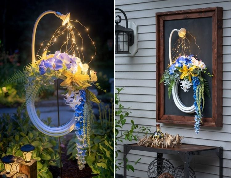 Schöne Frühlingsdeko für den Garten mit Gartenschlauch, Blumen und LED Lichterkette