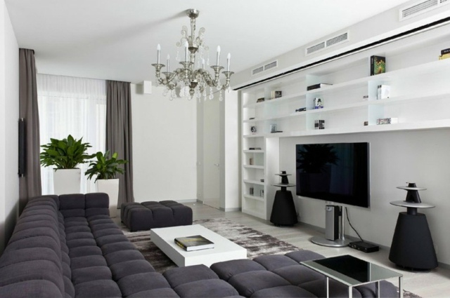 Hocker weiße Wandregal System modernes Wohnzimmer Wohnideen