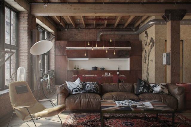 Sperrholz Wand-Wohnzimmer Loft holz Balken rote küche Ziegelmauer-Sitzgarnitur