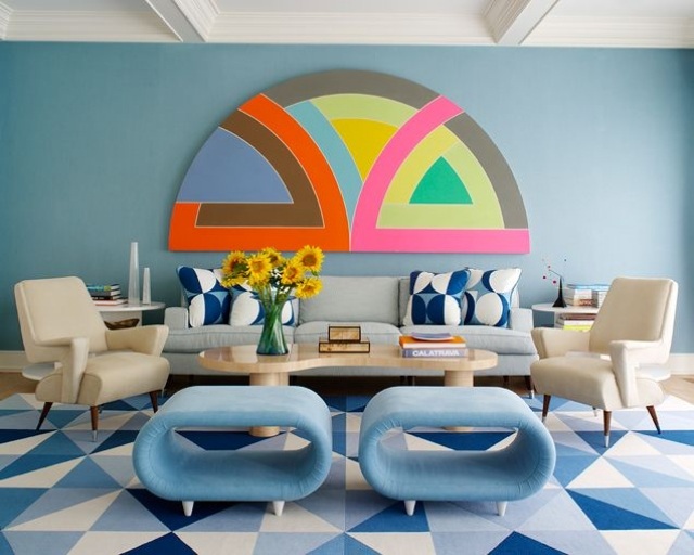 Wandgestaltung Blau wohnzimmer garnitur gemusterte-Fliesen Gestaltung