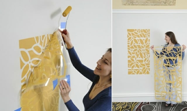 Wandfarbe gelb weiß Wandschablone auftragen Pinsel