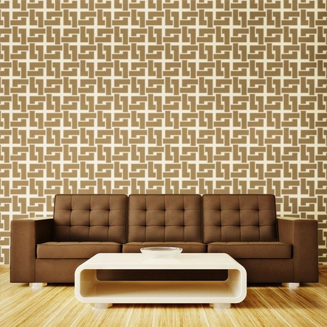 Wandgestaltung originell Wohnzimmer braun weiße Farbe Sofa Kaffeetisch