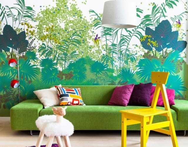 Wand Farben Wandtattoo-Dschungel motive Gelbe grüne nuancen-Fußmatte-lila