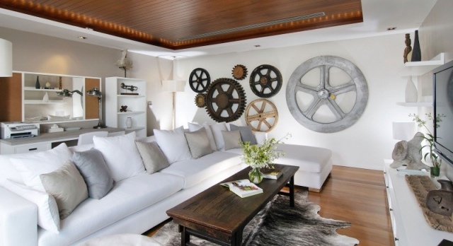 Wohnzimmer Ideen-Steampunk schlicht-Weiß Sitzgarnitur holztisch