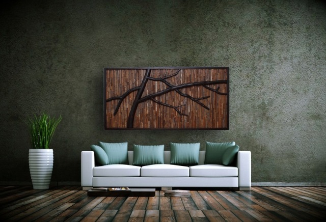 Wohnzimmer Wanddekoration aus wiederverwertetem holz-Zweige weiß Sofa