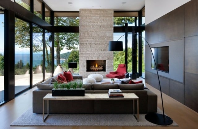 Bilder Sofa Set Kamin freistehend Wohnwand dunkle Holzfarbe