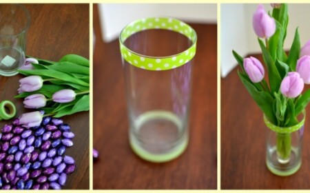 blumen-arrangement-tisch-deko-idee-lila-tulpen-schoko-eier-glas-deko-klebeband