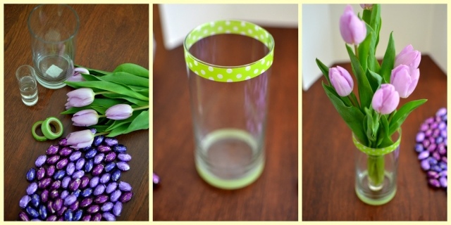 blumen selber machen tischdeko lila tulpen schoko eier glas deko klebeband