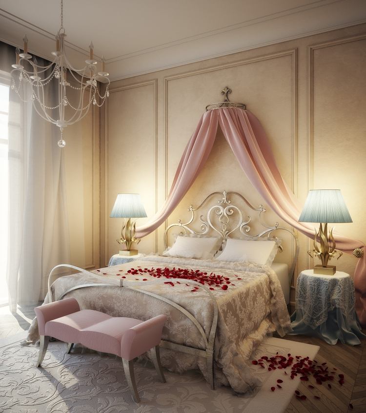 Romantisches Schlafzimmer -schlafzimmer-bett-romantisch-vintage-eisenbett-musterstoffe-kronleuchter