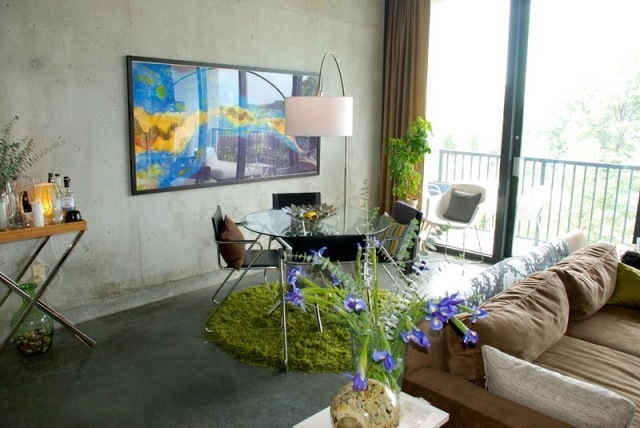 flauschige shaggy teppiche einrichtung modernes wohnzimmer grün rund