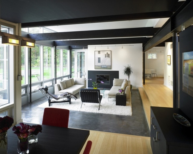 flauschige shaggy teppiche modernes wohnzimmer weiß offene gestaltung räume