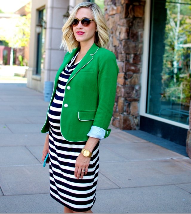 gap mode schwangere streifen schwarz weiß kleid blazer grün