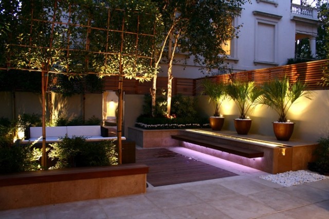 garten design ideen terrasse beleuchtung palmen topf